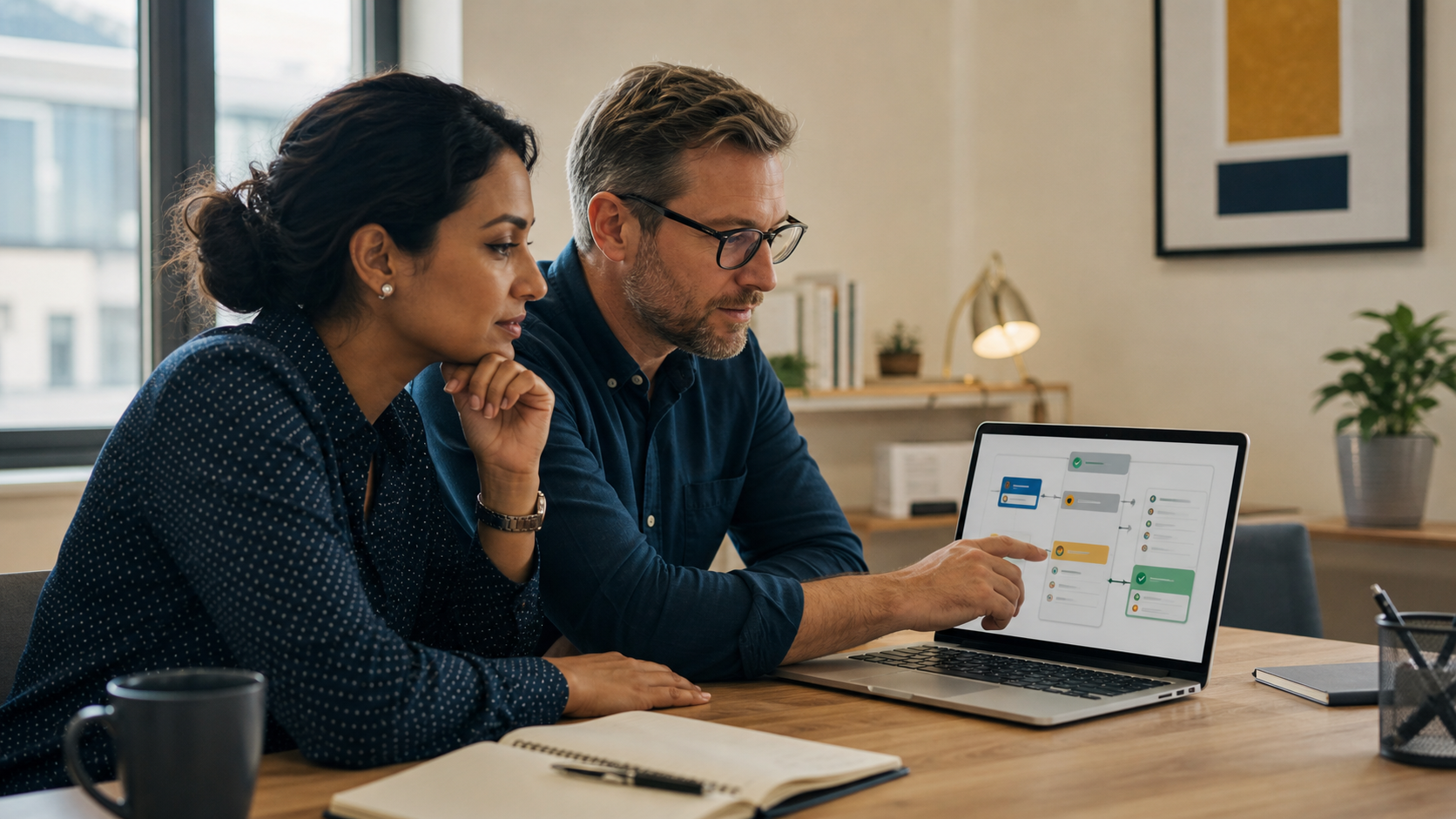 Two colleagues reviewing an AI-assisted workflow with approval steps