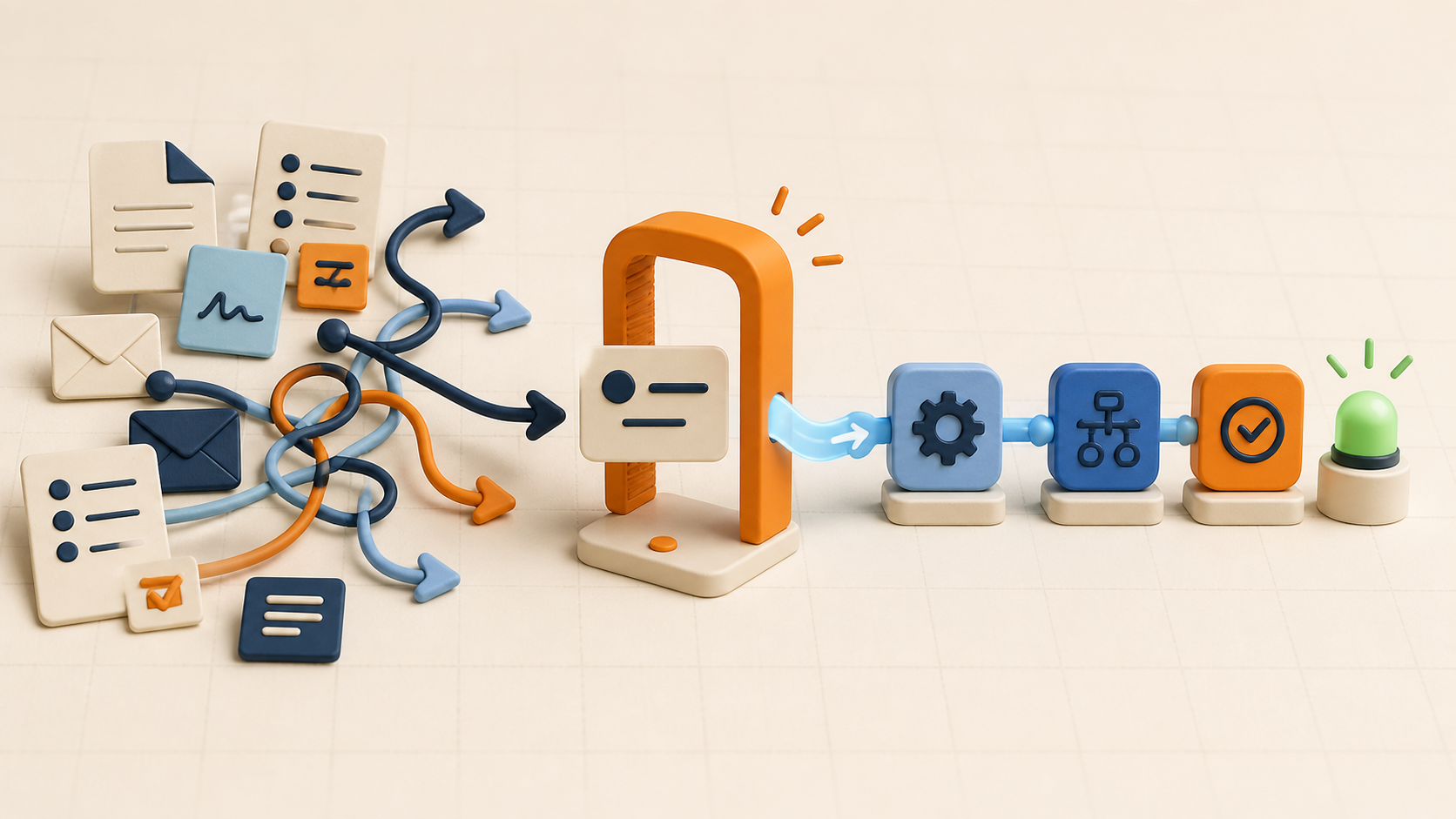 A tangled manual workflow passing through a selection gate into a clear automated process
